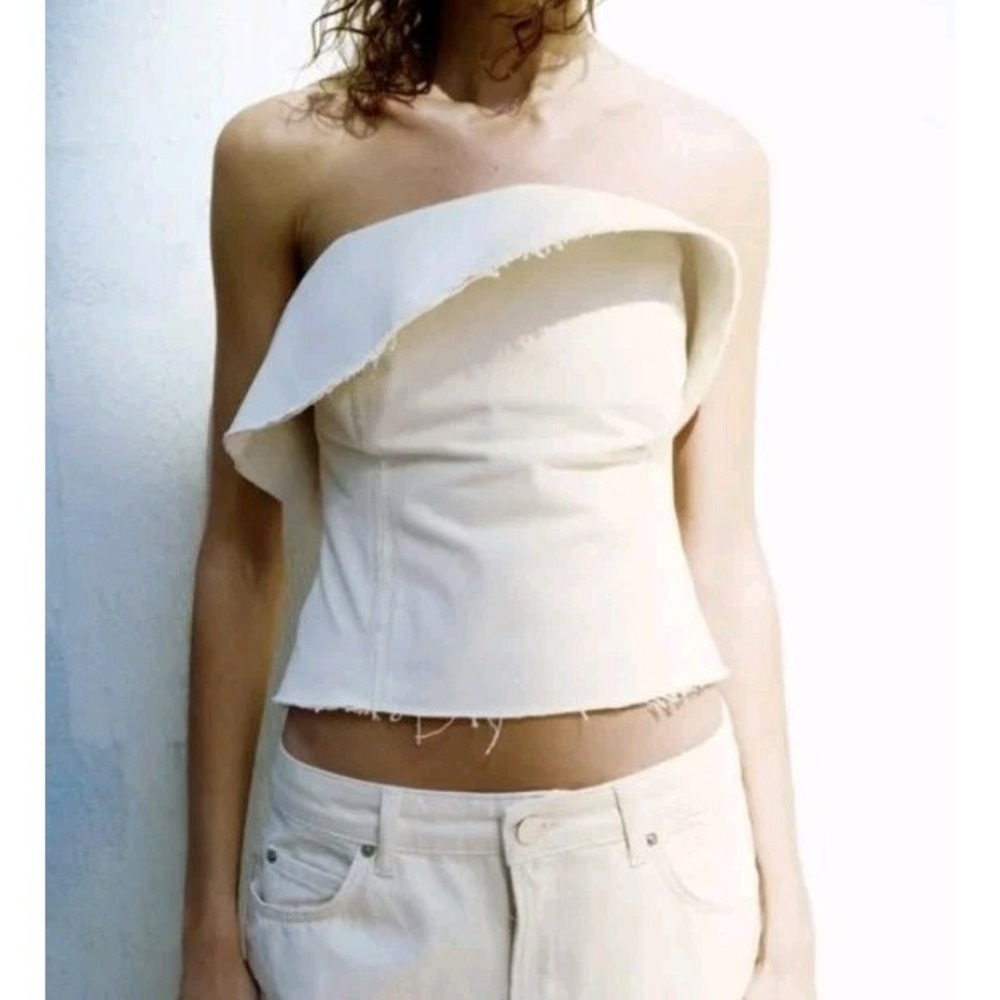 Zara ZW Collection Structural Strapless Top Cropped 100% Cotton Ecru Size S NWOT